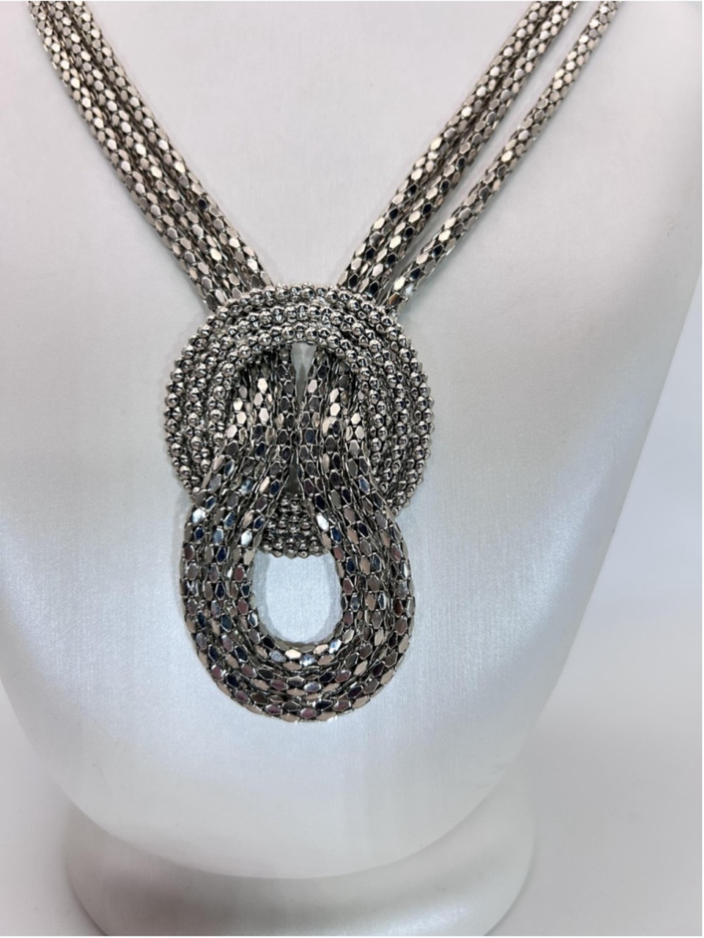 Necklace Silver Tone Statement Knot Pendant Multi Strand Chain Womens‎ Fashion